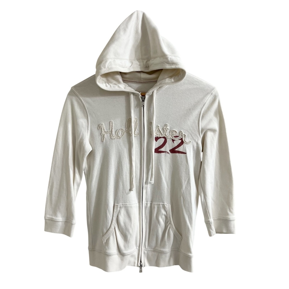 Hollister Full Zip Hoodie Cream White 3/4 Sleeve Logo Graphic Women Size M Y2K